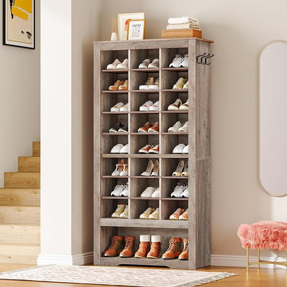 HOOBRO Tall Shoe Cabinet Set of 2, 9 Tier Shoe Storage Cabinet, Freestanding Wooden Shoe Organizer with 24 Cubbies and 3 Hooks, for Entryway, Closet, Living Room, Greige BG24SCP201