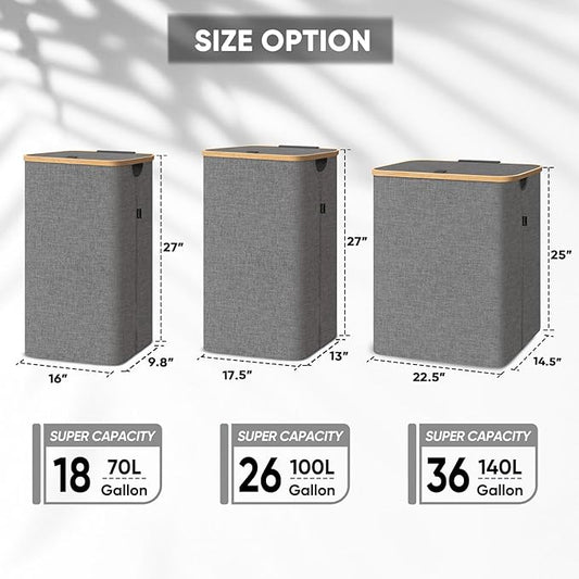 BALEINE Laundry Hamper with Lid, Tall Laundry Baskets with Bamboo Pull Handles, Large Laundry Bin with Internal Support (26Gal/100L, Carbon Black)