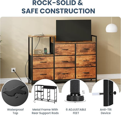DUMOS TV Stand Dresser with 8 Fabric Drawers & Open Shelves, TV Stand for Up to 45 inch TV with Wooden Top, Entertainment Center with Charging Station for Living Room, Hallway, Brown