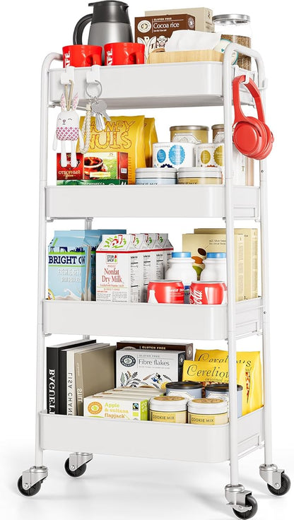 TOOLF 4-Tier Metal Rolling Cart with Wheels, Storage Utility Organizer Cart for Kitchen, Bathroom, Office, Baby Essentials & Makeup - Lockable Casters, Easy Assembly, Large Capacity, White