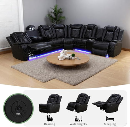 Living Room Furniture Set, Power Sectional Recliner Sofa Set with LED Light,Black Air Leather Power Reclining Sofa with 2 Recliner Seats/Cup Holders/USB Port/Storage Console for Living Room