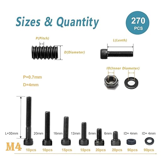 Kadrick Metric Screws Assortment,270 Pcs M4 Screw Kit,Hex Socket Head Cap Bolts, M4*6mm/8mm/12mm/16mm/20mm/30mm Screws Nuts and Washers, 12.9 Grade Alloy Steel,Black Zinc Plated,Anti Rust Upgrade
