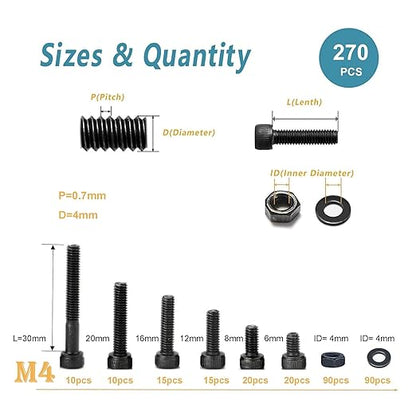 Kadrick Metric Screws Assortment,270 Pcs M4 Screw Kit,Hex Socket Head Cap Bolts, M4*6mm/8mm/12mm/16mm/20mm/30mm Screws Nuts and Washers, 12.9 Grade Alloy Steel,Black Zinc Plated,Anti Rust Upgrade