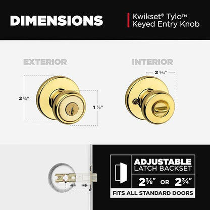 Kwikset Tylo Entry Door Knob with Lock and Key, Secure Keyed Handle Exterior, Front Entrance and Bedroom, Polished Brass, Pick Resistant SmartKey Rekey Security