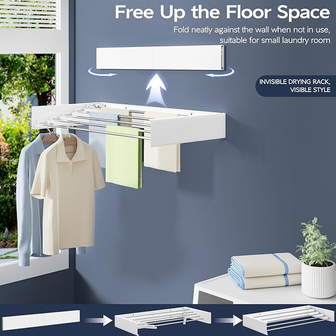 Wall Mounted Foldable Clothes Drying Rack, 31.5-Inch Wide, 5 Stainless Steel Rods, Space-Saving Laundry Drying Rack with Wall Template, White