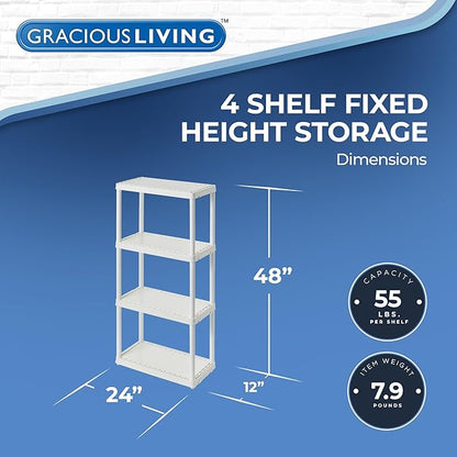 Gracious Living 4 Shelf Fixed Height Solid Light Duty Storage Unit 12 x 24 x 48" Organizer System for Home, Garage, Basement, & Laundry, White