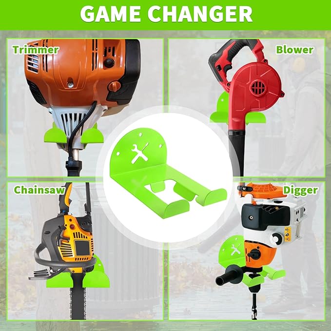 Upgraded Trimmer Rack Wall Mount - 8" Heavy Duty Weed Eater Hanger for Garage Wall, Garden Power Tool Holder Organizer Hooks for Grass Trimmer, Hedge Trimmer, Leaf Blower and Chainsaw, Green, 4 Pack