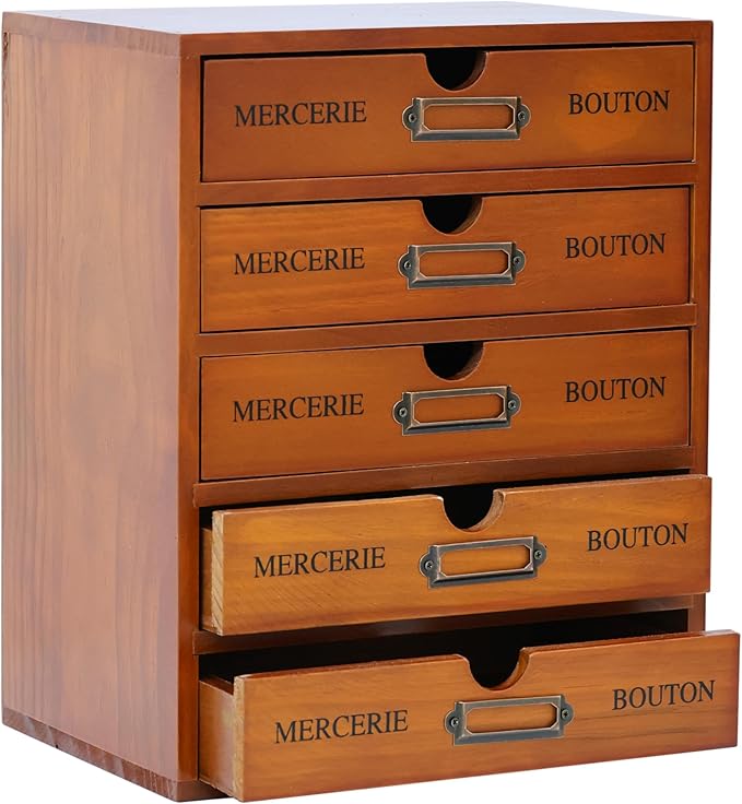 Vintage 5-Drawer Wooden Desk Organizer - Craft Storage Drawers - Rustic Shelf Drawer - Ideal Home Office Organizers and Accessories - Embroidery Floss - Apothecary Cabinet, Art Storage I Stackable