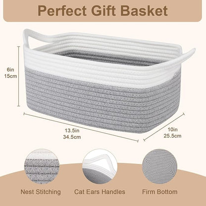 OIAHOMY Woven Basket, Gift Basket Empty with Gift Bags and Ribbons, Rope Baskets for Baby Showers, Storage Baskets with Handles for Nursery, Pet Toy Organizer - Grey & White