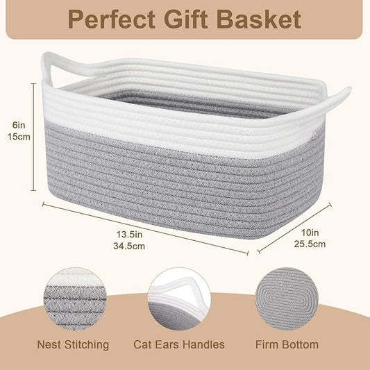 OIAHOMY Woven Basket, Gift Basket Empty with Gift Bags and Ribbons, Rope Baskets for Baby Showers, Storage Baskets with Handles for Nursery, Pet Toy Organizer - Grey & White