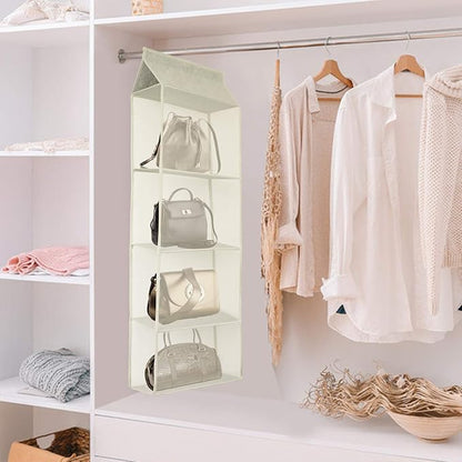 Closet Handbag Purse Holder, Space Saving Hanging Handbag Tote Bag Storage Organizer Holder with 4 Large Heavy-Duty Mesh Shelves for Wardrobe Closet(Beige)