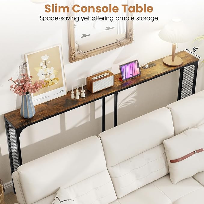 Giantex 71" Narrow Console Table with 2 Power Outlets and USB-C Ports, Sofa Tables with Charging Station & Metal Frame, Skinny Behind Couch Tables, Long Entrway Tables for Living Room, Rustic Brown