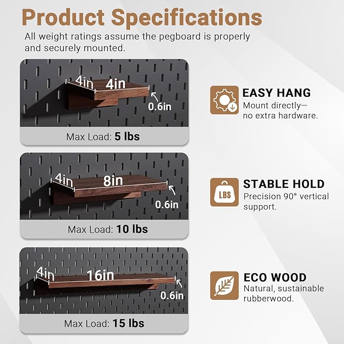 2-Pack Medium Wooden Pegboard Shelves - 8''x4'' Compatible with IKEA Skadis Pegboard, Walnut Stain Wall Shelves