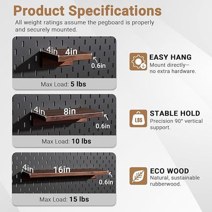 2-Pack Medium Wooden Pegboard Shelves - 8''x4'' Compatible with IKEA Skadis Pegboard, Walnut Stain Wall Shelves