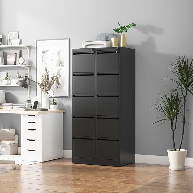 5 Drawer File Cabinet with Lock, Vertical Filing Cabinets for Home Office, Metal Storage Cabinets, Heavy Duty File Cabinet for Letter/Legal/A4/F4 Size Amsseble Required, Black