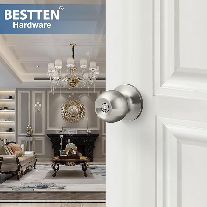 BESTTEN [3 Pack] Door Knob with Lock and Key, Keyed Different Entry Door Knob, for Entrance and Front Door, Satin Nickel