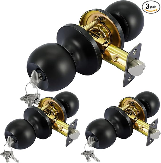 Matte Black Door Knobs with Lock and Key，Exterior and Interior Door Lock for Bedroom, Entry Door Handle for Front Door, Not Keyed Alike, 3 Pack