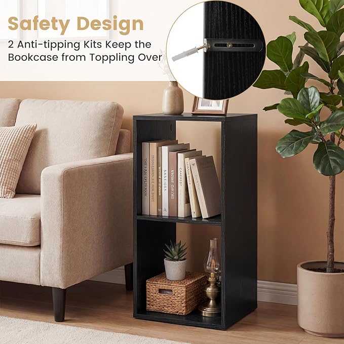 Giantex 2-Cube Bookcase, Cubby Bookshelf w/Back Guardrail & Anti-Tipping Kits, 3-Tier Freestanding Storage Organizer with Shelves, Open Back Display Rack for Living Room, Bedroom, Black