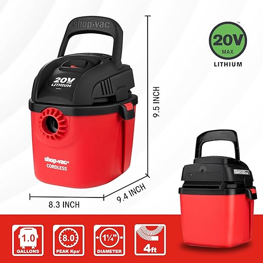 Shop-Vac Wet Dry Cordless Vacuum Cleaner, 8.0 Peak Kpa Cordless Vacuum Cleaner with Collapsible Handle Wall Bracket & Multifunctional Attachments, Portable Compact Shop Vacuum for Home, Car, Jobsite