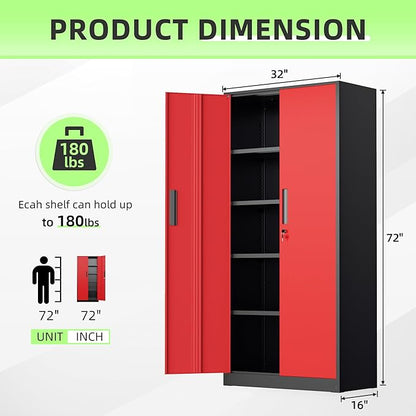 Bonusall 72" Metal Garage Storage Cabinet - 900lbs Heavy Duty Steel Cabinet with 3-Point Locking System & 4 Adjustable Shelves, Lockable Tall Storage for Garage, Office, Warehouse - Black & Red