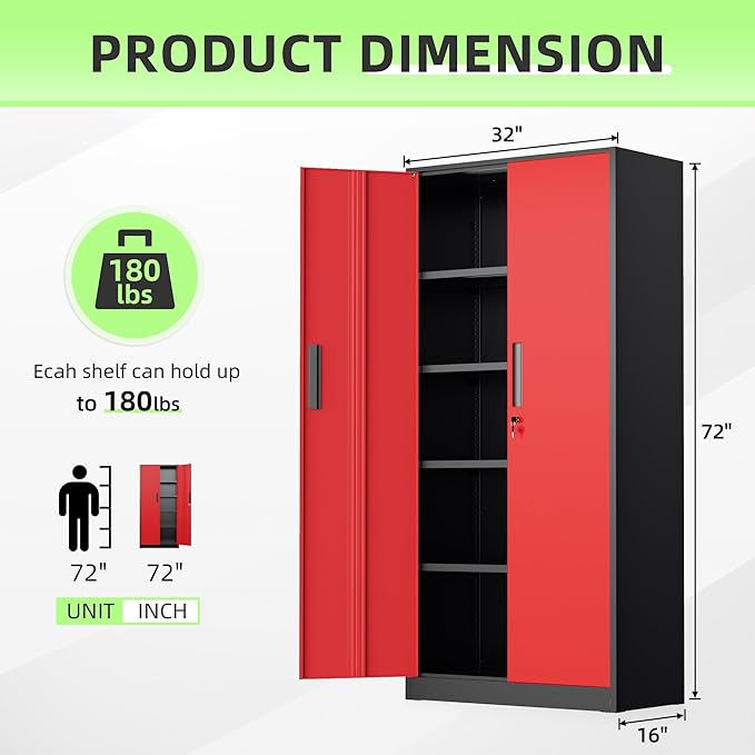 INTERGREAT Garage Storage Cabinet with Lockable Door, 72" H Metal Locking Cabinets with 4 Adjustable Shelves,Black Red Steel Cabinets Storage for Home Office, Warehouse，School