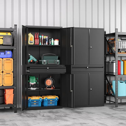 Metal Storage Cabinet with Drawer, Garage Storage Cabinet with Locking Doors and Adjustable Shelves for Garage, Home Office,Warehouse (Black)
