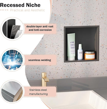 12x12 Matte Black Shower Niche - Stainless Steel Tile-Ready Bathroom Storage for Small Showers