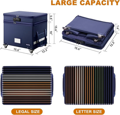DocSafe File Box with Lock, 2-Layer Fireproof Document Box with Wheels,Collapsible File Storage Organizer with Pockets,Large Portable Office Filing Cabinet Hanging Folders,Blue,16''x13.8''x12.2''