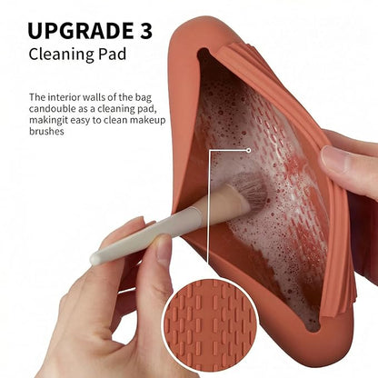 Silicone Makeup Brush Holder Travel Cosmetic Bag：Soft Portable Cosmetic Face Brushes Holder with Upgrade Anti-Fall Out Magnetic Closure, Large Travel Makeup Brush Case - Brown