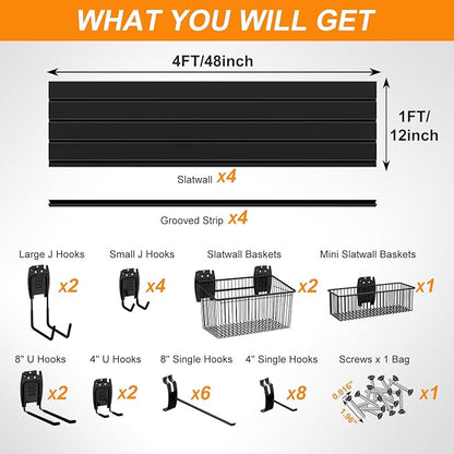 DoCred Slatwall Paneling Organizer, 4x4 FT PVC Garage Slat Wall Storage Systems, Heavy Duty Mounted Slat Peg Board for Tool Organization Ladder Bike Includes 27 PCS Hooks Accessories Kit (Black)