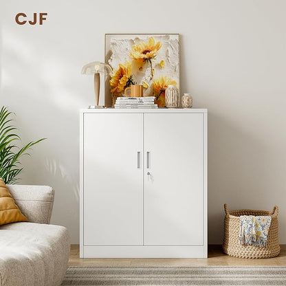 CJF Metal Storage Cabinet, 36" H Locking Storage Cabinet with Shelves and Doors for Home Office, Garage, Utility Room, Entryway(White)