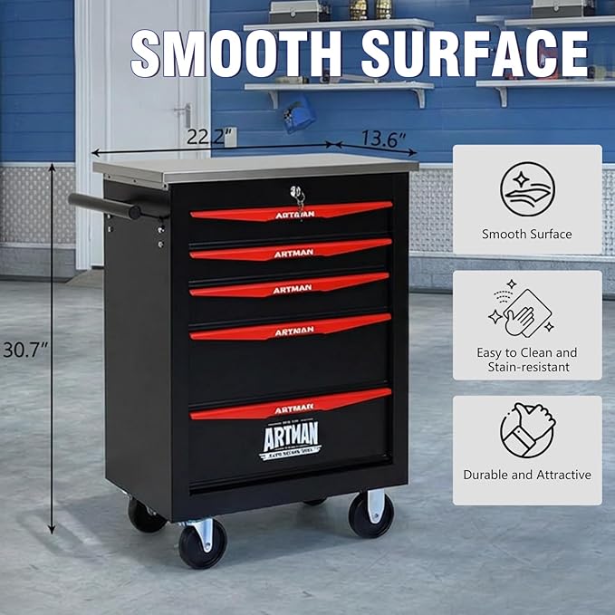 5-Drawer Rolling Tool Chest with Stainless Steel Countertop,Tool Chest with Secure Locking System,Mobile Storage Tool Cabinet with 360°Wheels and Padded Feet,for Home,Garage (Black+Red)