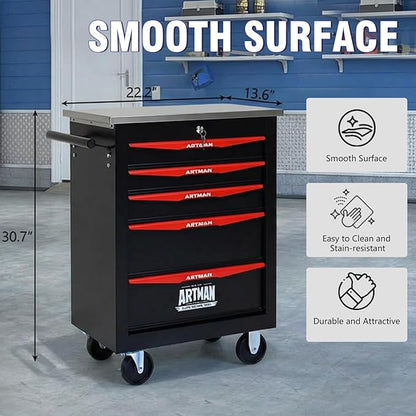 5-Drawer Rolling Tool Chest with Stainless Steel Countertop,Tool Chest with Secure Locking System,Mobile Storage Tool Cabinet with 360°Wheels and Padded Feet,for Home,Garage (Black+Red)