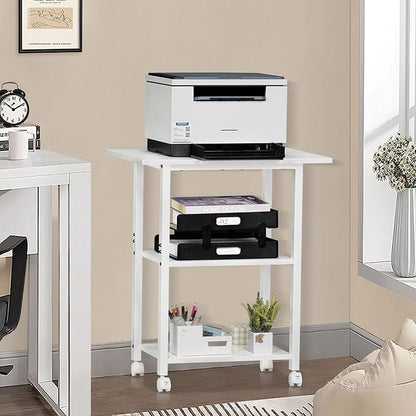 Lerliuo 3-Tier Printer Stand, Industrial Mobile Printer Table with Storage Shelf and Steel Frame, Rolling Printer Cart Holder with Lockable Wheels for Home, Office (White)