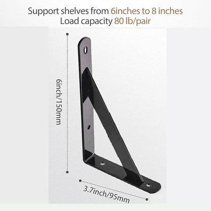 8 Pack L 6" x H 4" Heavy Duty Shelf Brackets with Screws, Black Metal, Wall Mount, 8 Count