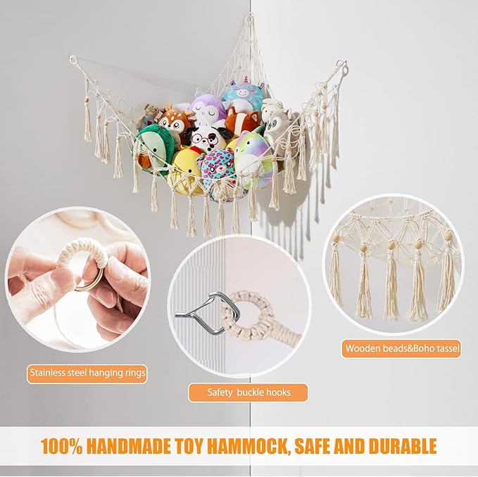 Stuffed Animal Storage Macrame Boho Plush Toy Net Hammock for Stuffed Animals with Light Pet Net for Stuffed Animals Corner Hanging Stuffed Animal Holder Teddy Bear Net for Kids Room (White-1)