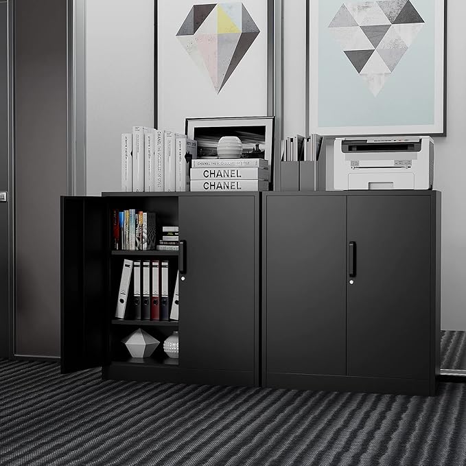 Metal Storage Cabinet with Lock, 36" Small Steel Locker Storage Cabinets, 2 Adjustable Shelves 2 Doors for Home, Office, Garage and Kitchen (Black)