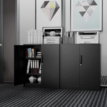Metal Storage Cabinet with Lock, 36" Small Steel Locker Storage Cabinets, 2 Adjustable Shelves 2 Doors for Home, Office, Garage and Kitchen (Black)