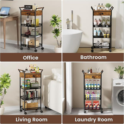 Large Fruit Vegetable Storage Cart, 5-Tier Kitchen Rolling Cart with Wheels & Drawer, Metal Wire Storage Basket Organizer Baskets for Kitchen, Pantry, Bathroom