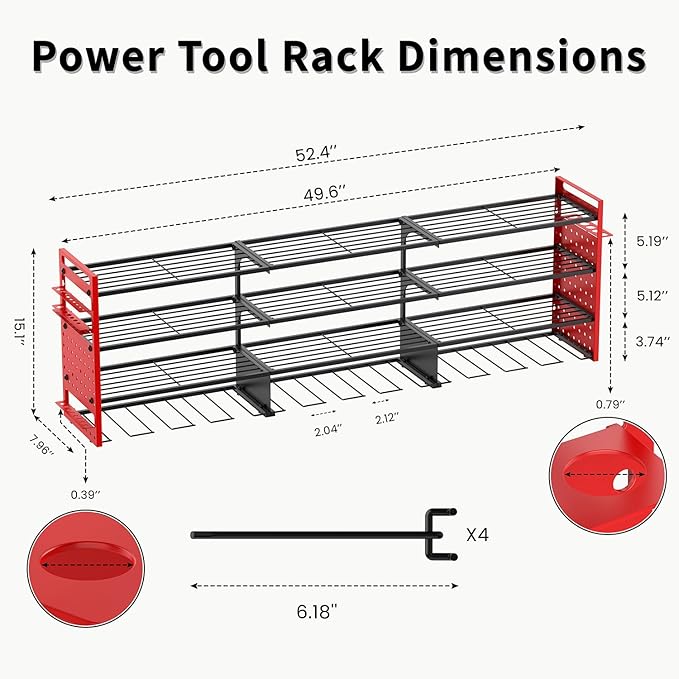 52" Heavy Duty Power Tool Organizer Wall Mount with 12 Drills Holder, 4-Tier Power Tool Storage Rack, DIY Pegboard Side Panels,4 Long Hooks, Garage Metal Tool Shelf for Battery,Drills