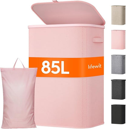Lifewit 85L Large Laundry Basket with Lid, Laundry Hamper with Plastic Handles and Removable Bag, Foldable Tall Dirty Clothes Hampers for Laundry for Laundry Room, Bedroom, Bathroom, Dorm, Pink