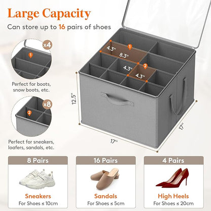 Lifewit Shoe Storage Organizer for Closet, Fabric Large Shoe Box Storage Containers with Clear Cover, Foldable Bins for Boots Heels Sneakers Fits 24-32 Pairs (Each 12-16 Pairs) 2 Pack Light Gray