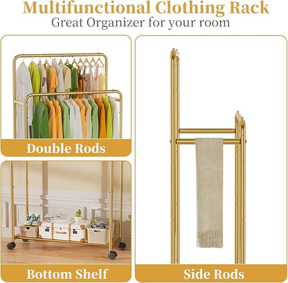 Simple Trending Clothing Clothes Rack Double Rods with Wheels, Rolling Metal Garment Rack for Hanging, Gold