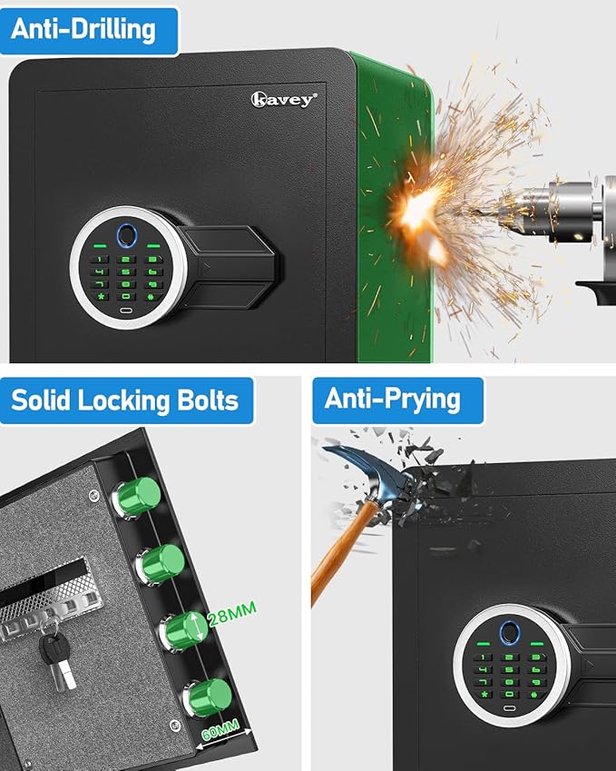 Kavey 2.0 Cub Biometric Fingerprint Safe Box, Home Safe with Dual Alarm System, Money Safe With Mute Function and LED Light, Safes with Removable Shelf, Safes for Money Valuables