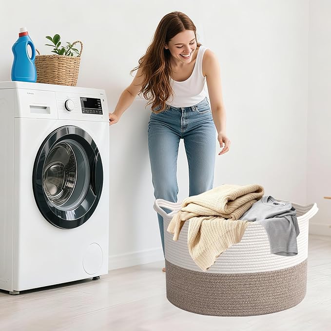 65L Large Blanket Basket,19.7" L x 19.7" W x 13" H Rope Woven Baskets with Handles, Toys Storage Bins,Laundry Basket Perfect for Living Room, Nursery,Bedroom,Home Organization,White&Brown
