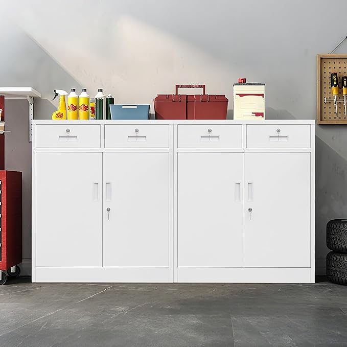 Metal Storage Cabinet, Locking Storage Cabinet with Adjustable Shelf, 36" H Metal Cabinets with 2 Drawers for Office, Garage, Home-White