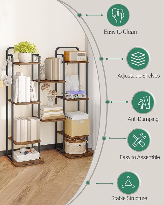 6 Tiers Vertical Shoe Rack, Narrow Shoe Tower, Tall Shoes Shelf with 2 Hooks, Adjustable Shelves, Corner Shoes Shelves for Small Spaces, Entryway, Living Room, Rustic Brown SR04201B