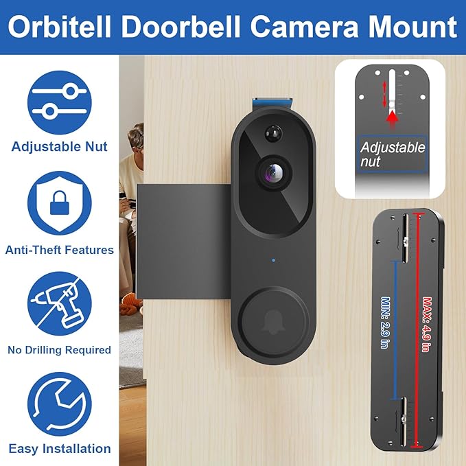 Anti-Theft Doorbell Mount No Drill Compatible with Orbitell/Reolink Video Doorbell, Adjustable Mounting Bracket Holder Accessories for Apartment Rentals, Enhanced Protection Doorbell Mount Bracket