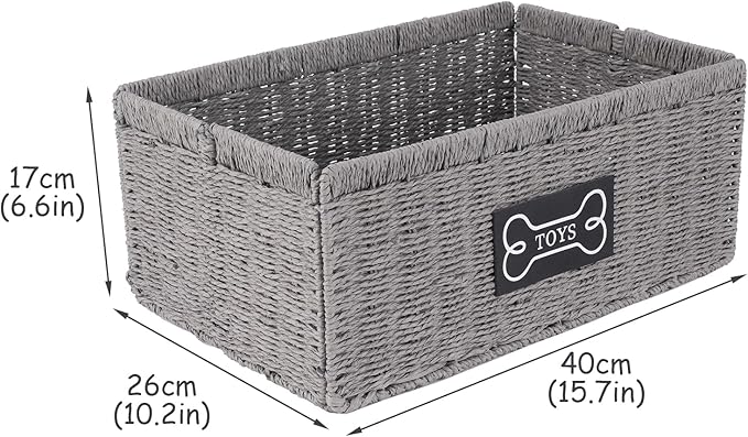 Geyecete dog toy basket,square Living pet toy bin basket Wicker dog toy box Foldable Pet Toy Storage Organizer, Grey Paper Rope & Steel Wire Basket