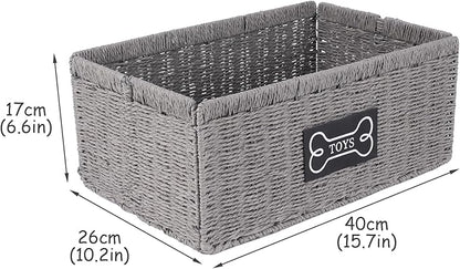 Geyecete dog toy basket,square Living pet toy bin basket Wicker dog toy box Foldable Pet Toy Storage Organizer, Grey Paper Rope & Steel Wire Basket